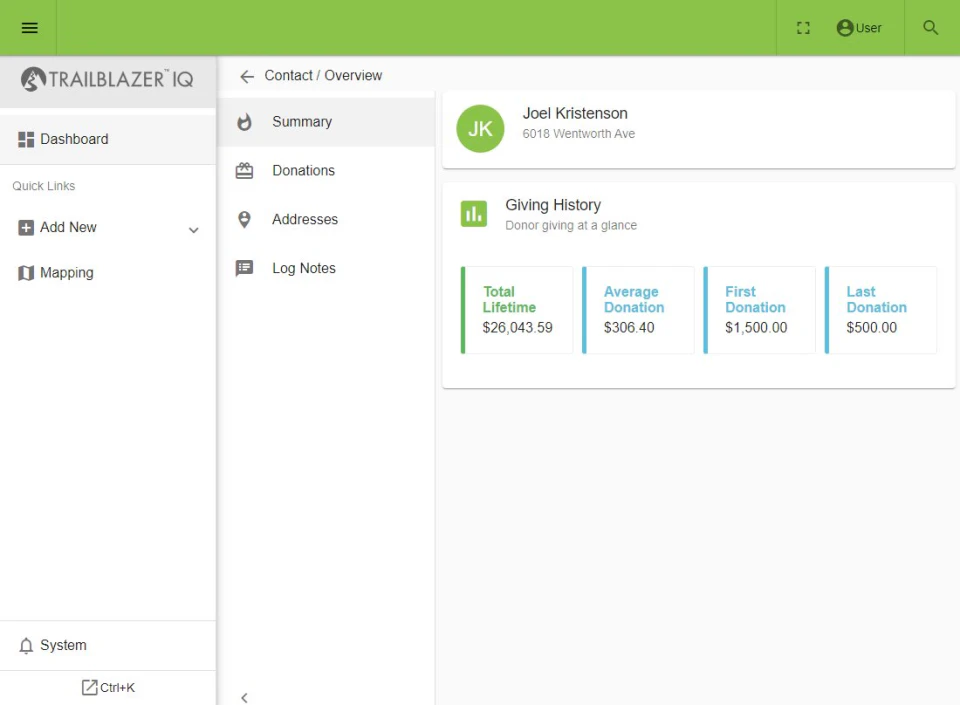 screenshot of Trail Blazer Non-Profit Manager
